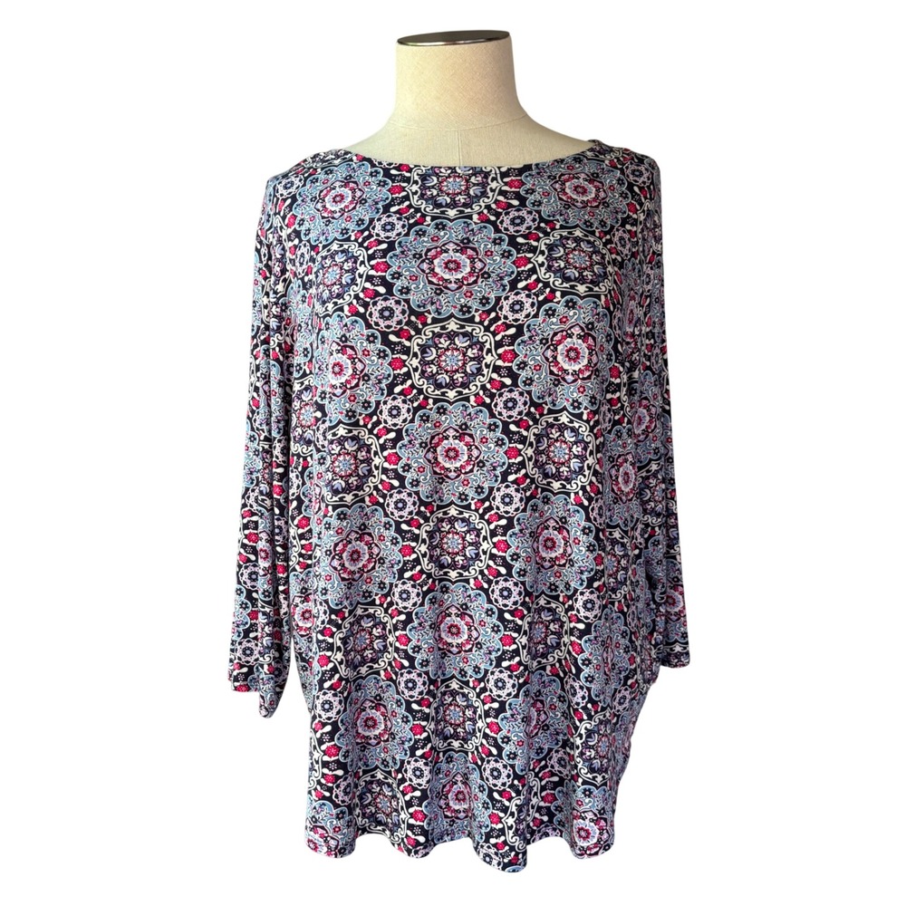 Philosophy Woman 2X Paisley Medallion Tunic Top 3/4 Sleeve Boho Casual Plus Size
